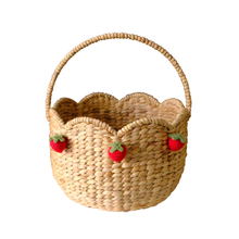 Load image into Gallery viewer, Handwoven Scalloped Basket With Handle – Natural Seagrass Storage With Strawberry Accents

