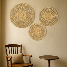 Load image into Gallery viewer, Set Of 3 Handwoven Natural Fiber Wall Décor – Natural Boho Circular Design - Starburst Ring

