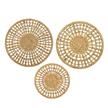 Load image into Gallery viewer, Set Of 3 Handwoven Natural Fiber Wall Décor – Natural Boho Circular Design - Starburst Ring
