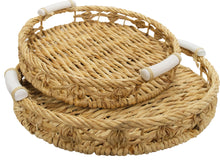 Load image into Gallery viewer, Set of 2 Twisted Water Hyacinth Round Trays with Ceramic Handles
