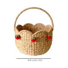 Load image into Gallery viewer, Handwoven Scalloped Basket With Handle – Natural Seagrass Storage With Strawberry Accents
