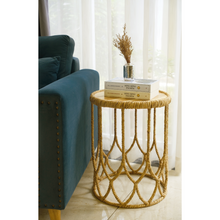 Load image into Gallery viewer, Handwoven Round Side Table With Wood Top – Natural Rattan Accent Table
