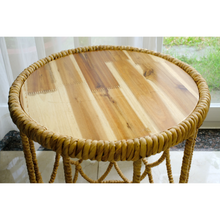 Load image into Gallery viewer, Handwoven Round Side Table With Wood Top – Natural Rattan Accent Table
