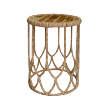 Load image into Gallery viewer, Handwoven Round Side Table With Wood Top – Natural Rattan Accent Table
