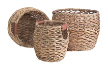 Load image into Gallery viewer, Round Woven Natural Fiber Baskets with PU Leather Accent on Cutout Handles 3 Piece Set
