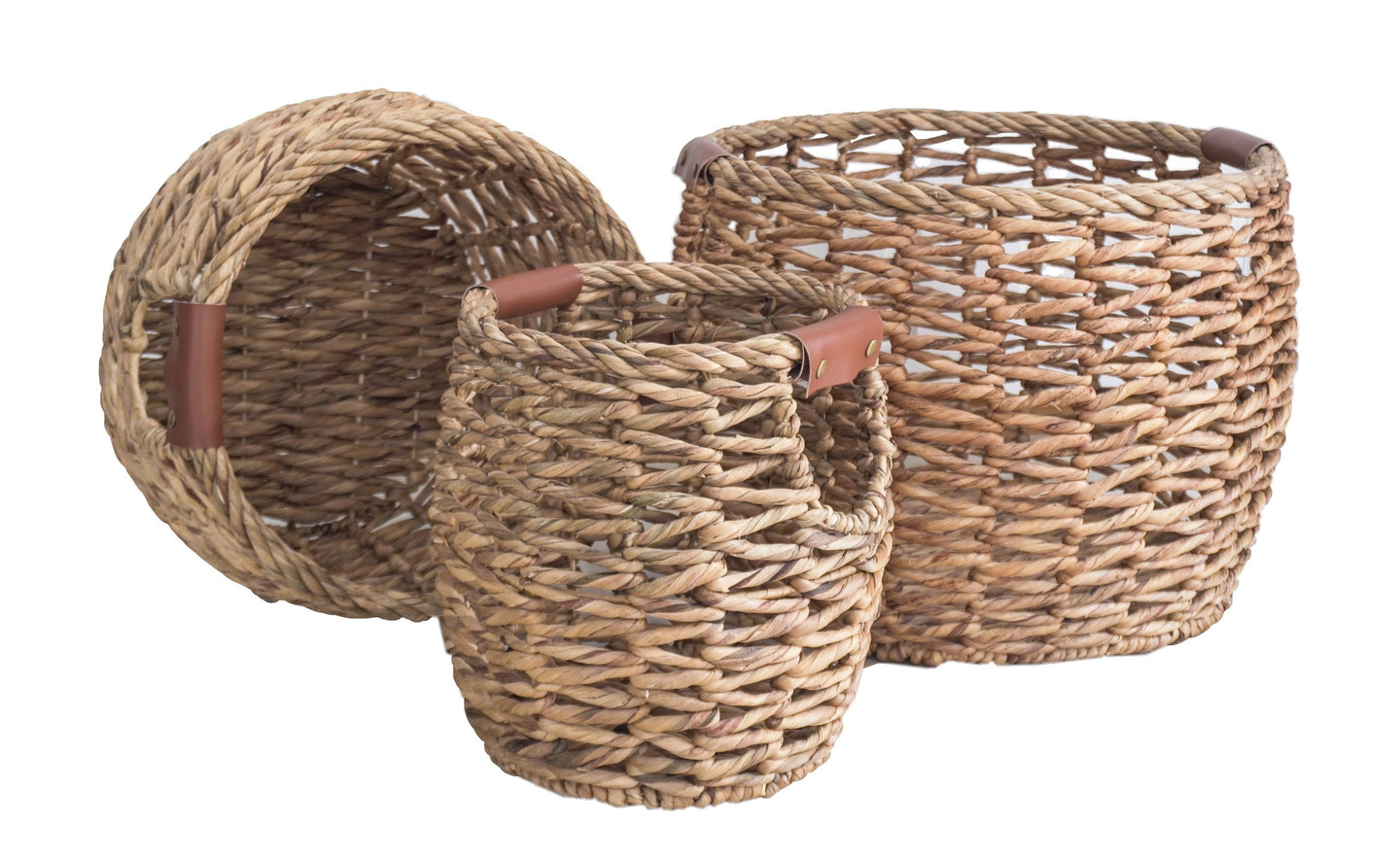 Round Woven Natural Fiber Baskets with PU Leather Accent on Cutout Handles 3 Piece Set