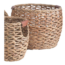 Load image into Gallery viewer, Round Woven Water Hyacinth Baskets with PU Leather Accent on Cutout Handles 3 Piece Set
