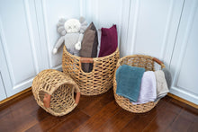 Load image into Gallery viewer, Round Woven Water Hyacinth Baskets with PU Leather Accent on Cutout Handles 3 Piece Set
