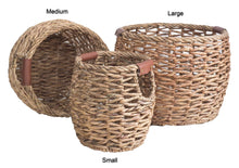 Load image into Gallery viewer, Round Woven Water Hyacinth Baskets with PU Leather Accent on Cutout Handles 3 Piece Set
