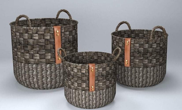 Set of 3 Dark Woven Baskets with Handles