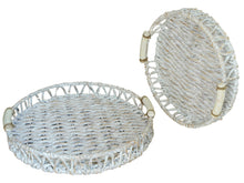 Load image into Gallery viewer, White Woven Water Hyacinth Tray With Ceramic Handles 2 Piece Set
