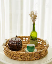 Load image into Gallery viewer, Natural Woven Water Hyacinth Tray With Ceramic Handles 2 Piece Set
