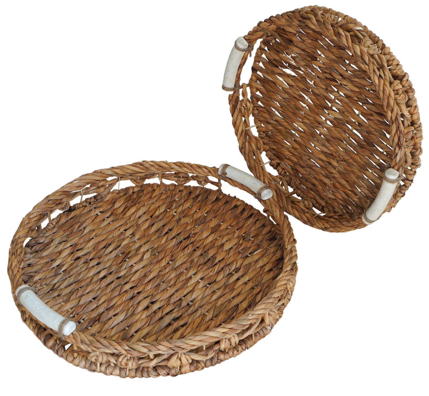 Natural Woven Water Hyacinth Tray With Ceramic Handles 2 Piece Set