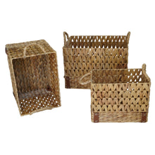 Load image into Gallery viewer, Rectangular Woven Water Hyacinth Baskets with Small PU Leather Design 3 Piece Set
