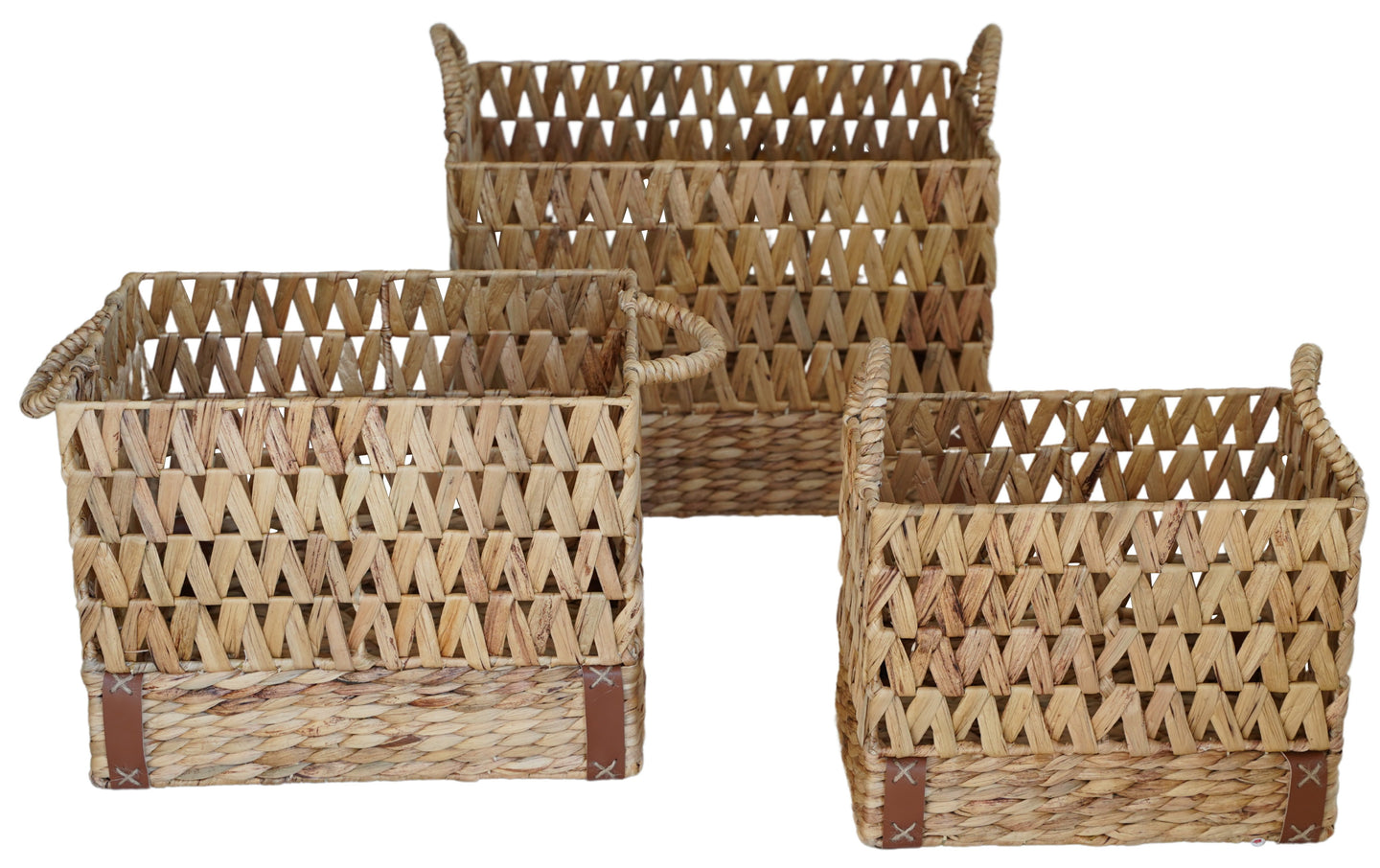 Rectangular Woven Water Hyacinth Baskets with Small PU Leather Design 3 Piece Set