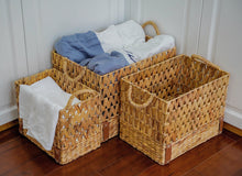 Load image into Gallery viewer, Rectangular Woven Water Hyacinth Baskets with Small PU Leather Design 3 Piece Set
